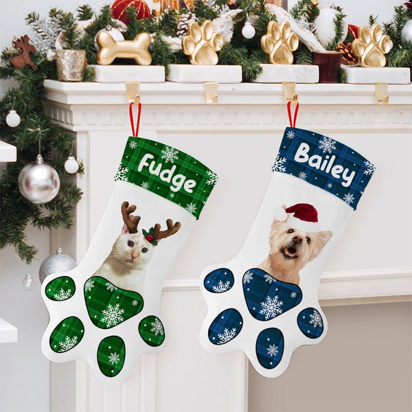 Personalised Cat Dog Paw Prints Pet Photo Christmas Stocking with Name Christmas Tree Decor Gift for Kids Pet Lover