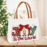 Personalized Bow Tie Joy To the World Cartoon Character Canvas Large Tote Bag with Leather Handle Christmas Birthday Gift for Family Friend