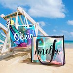 Personalized Clear Hologram Waterproof Large Beach Bag Tote Bag with Name Travel Accessories Birthday Gift for Women Girls