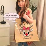 Personalised Cute Polka Dot Bow Hat Reindeer Large Capacity Jute Tote Bag with Name Christmas Holiday Gift for Kids Family