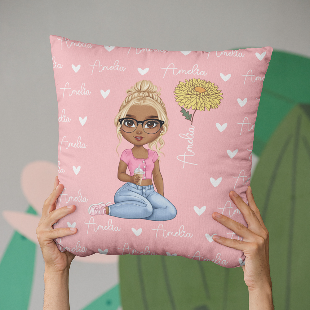 Taie d'oreiller personnalisée Multicolore Fleur de naissance Fille de lecture avec nom Décoration d'intérieur Anniversaire Pendaison de crémaillère Ca