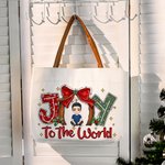 Personalized Bow Tie Joy To the World Cartoon Character Canvas Large Tote Bag with Leather Handle Christmas Birthday Gift for Family Friend