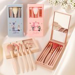 Personalized Birth Flower Bouquet Cartoon Character 5 Pcs Makeup Brushes Box Set with Name Initial and Mirror Birthday Anniversary Gift for Women Girl