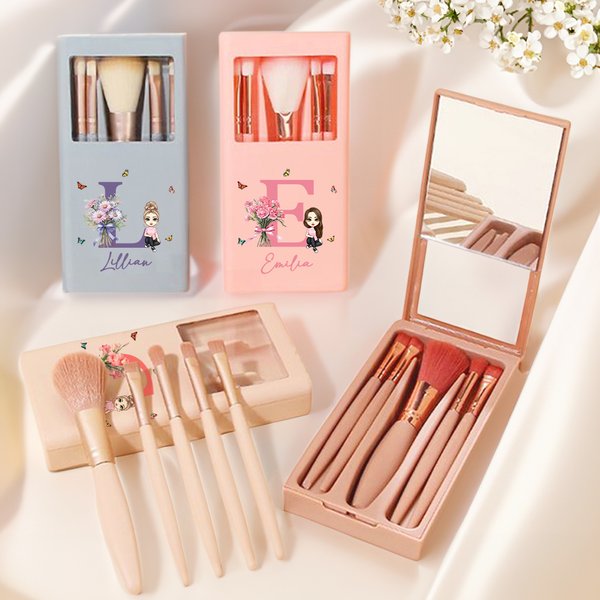 Personalised Birth Flower Bouquet Cartoon Character 5 Pcs Makeup Brushes Box Set with Name Initial and Mirror Birthday Anniversary Gift for Women Girl
