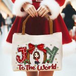 Personalized Bow Tie Joy To the World Cartoon Character Canvas Large Tote Bag with Leather Handle Christmas Birthday Gift for Family Friend