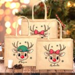 Personalised Cute Polka Dot Bow Hat Reindeer Large Capacity Jute Tote Bag with Name Christmas Holiday Gift for Kids Family