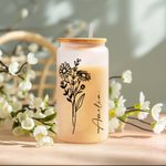 Personalised Birth Flower 20oz Frosted Tumbler Glass Can with Bamboo Lid and Straw Birthday Wedding Gift for Women