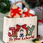 Personalized Bow Tie Joy To the World Cartoon Character Canvas Large Tote Bag with Leather Handle Christmas Birthday Gift for Family Friend