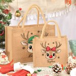 Personalised Cute Polka Dot Bow Hat Reindeer Large Capacity Jute Tote Bag with Name Christmas Holiday Gift for Kids Family