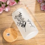 Personalised Birth Flower 20oz Frosted Tumbler Glass Can with Bamboo Lid and Straw Birthday Wedding Gift for Women