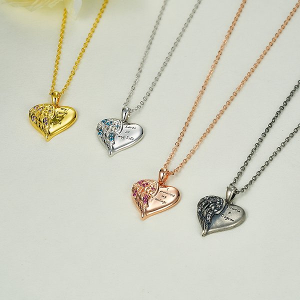 Collier pendentif Angel Wing Heart personnalisé avec pierre de naissance et nom gravé Bijoux de famille délicats Cadeau d'anniversaire pour les femmes