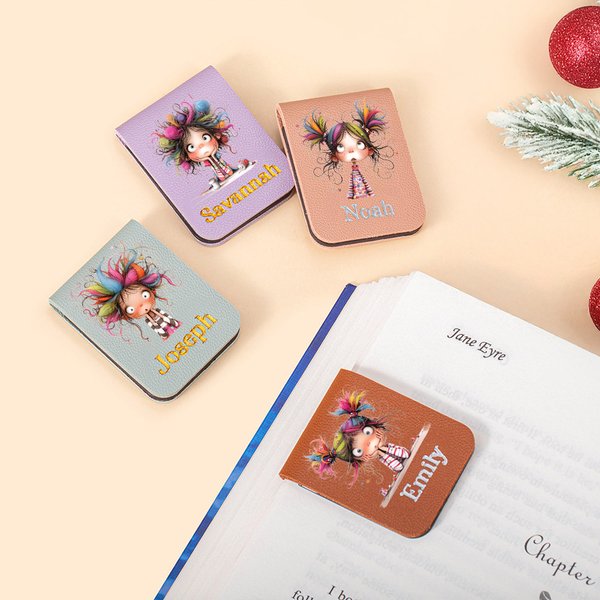 Marque-Page Magnétique en Cuir Personnalisé avec Nom et Motif de Fille Excentrique Cadeau Anniversaire pour Amoureux de Lecture