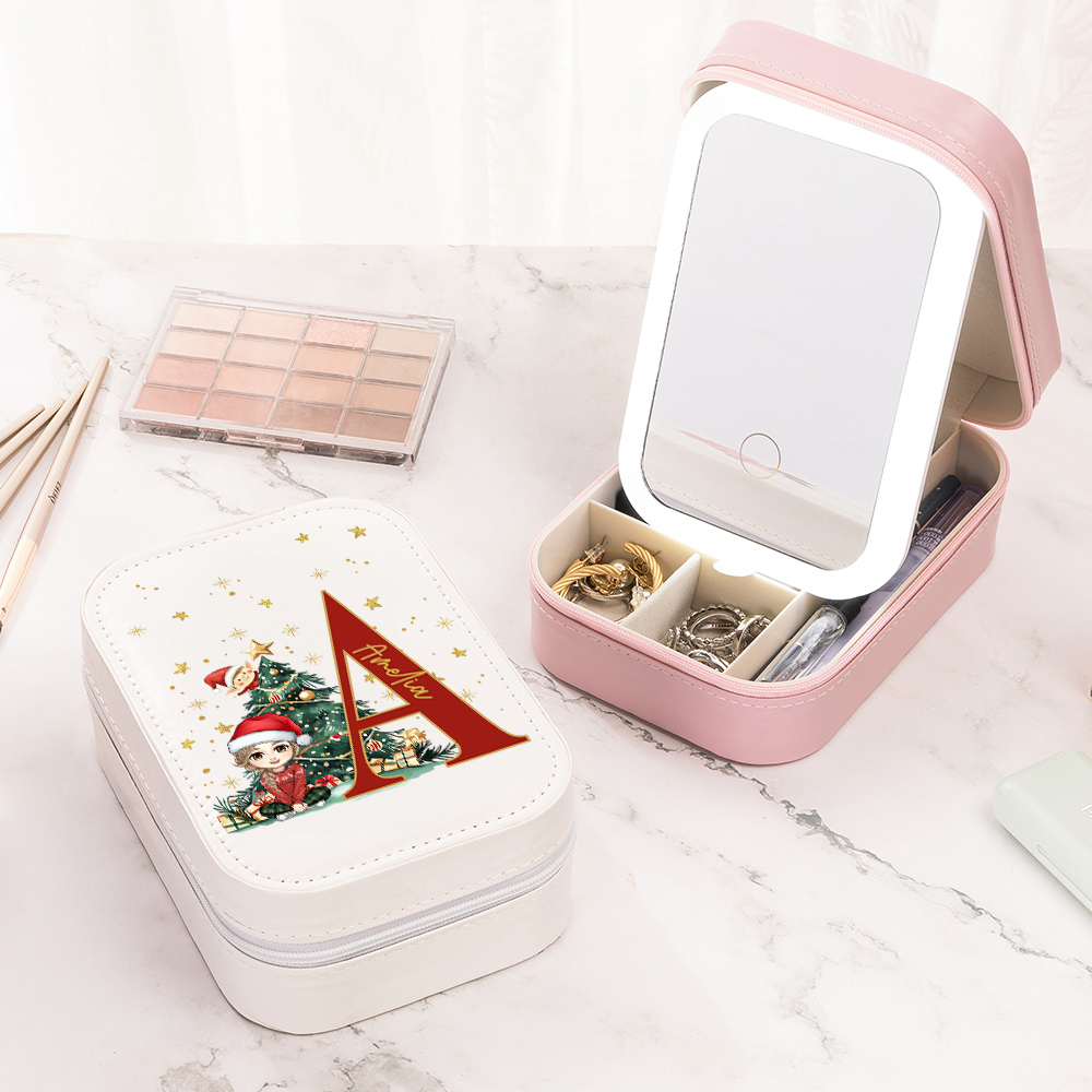 Boîte à bijoux de voyage personnalisée avec nom Miroir de maquillage LED à couleur changeante Cadeau d'anniversaire et de Noël pour les femmes