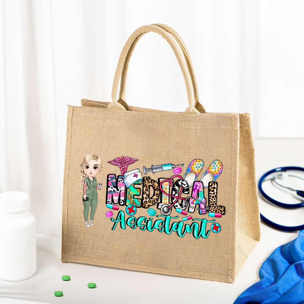 Sac à dos en toile de jute Personnalisé Personnage Cartoon Infirmière Médecin Assistante Cadeau d'anniversaire pour le personnel médical