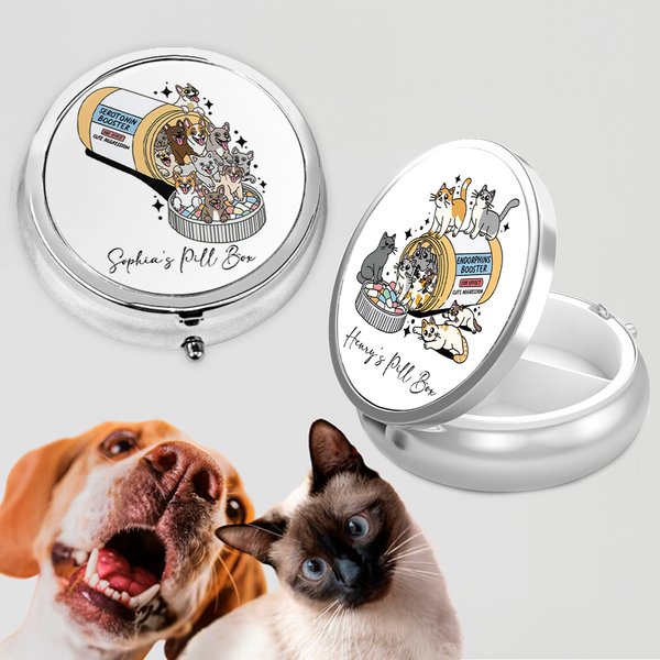 Personalisierte Hund Katze Medizin Flasche Runde Mini tragbare Pille Box mit Namen und Spiegel Geburtstagsgeschenk für Tierliebhaber