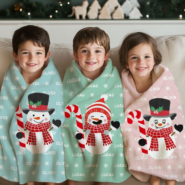 Personalizado lindo sombrero de bastón de caramelo muñeco de nieve suave manta con nombre Festival Decoración del hogar Navidad Cumpleaños Regalo para