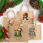 Bolsa de yute reutilizable personalizada Elf House Tree Snowman con inicial y nombre Cumpleaños Feliz Navidad Regalo para la familia