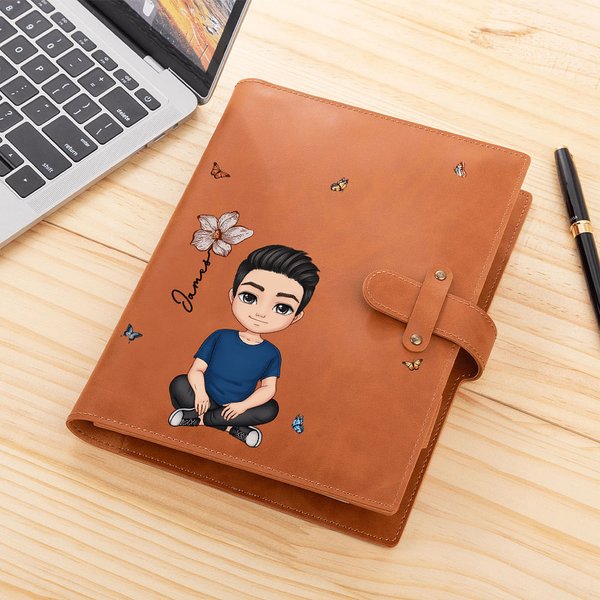 Personalised Birth Flower Name Cartoon A5 Sketchbook Notebook Leather Cover with Storage Pocket Birthday Family Gift for Students Officer Workers