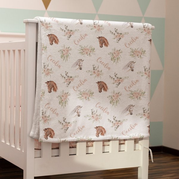 Personalized Flower Horse Soft Throw Blanket with Name Home Decor Birthday Baby Shower Gift for Babies