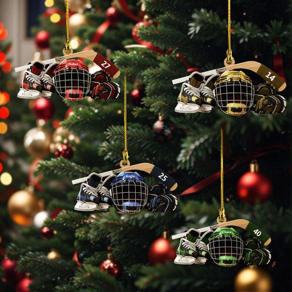 Personalised Flat Hockey Skates Helmet Stick Ornament with Name Tree Decor Christmas Gift For Hockey Lover