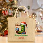Bolsa de yute reutilizable personalizada Elf House Tree Snowman con inicial y nombre Cumpleaños Feliz Navidad Regalo para la familia