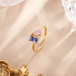 Personalised Dainty Square Teardrop Double Birthstone Ring Minimalist Jewellery Birthday Wedding Anniversary Gift for Couple Family