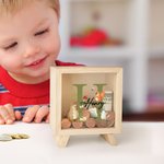 Personalised Cute Squirrel Bear Woodland Animal Clear Wooden Piggy Money Box with Name and Initial Birthday Children's Day Gift for Kids