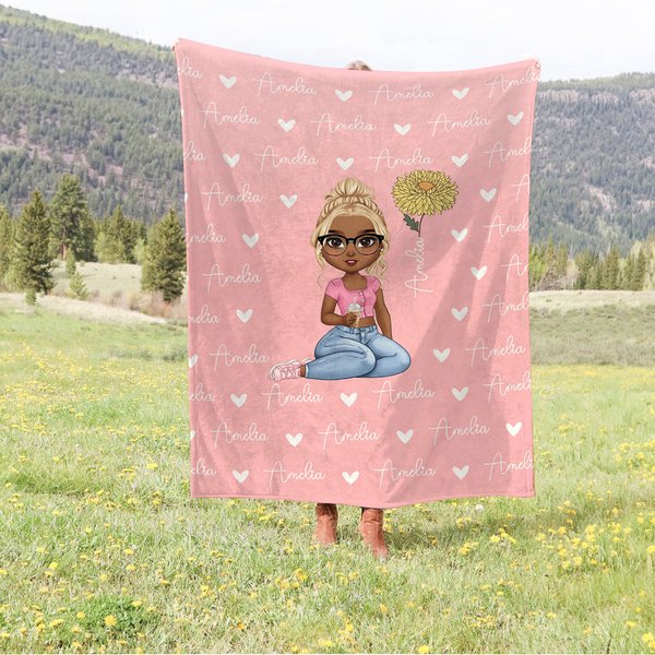 Personalized Birth Flower Reading Girl Soft Throw Blanket with Name Home Decor Birthday Housewarming Gift for Book Lovers Bookworm