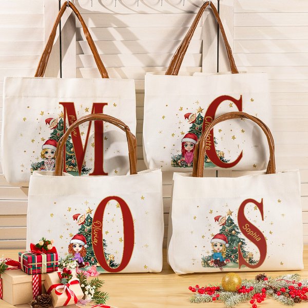 Personalizada de dibujos animados Árbol de Navidad Bolsa de lona grande con la inicial y el nombre de Navidad Cumpleaños de regalo para las mujeres