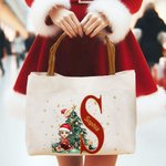 Personalizzato Cartoon Character Christmas Tree Canvas Large Tote Bag con iniziale e nome Regalo di compleanno di Natale per le donne