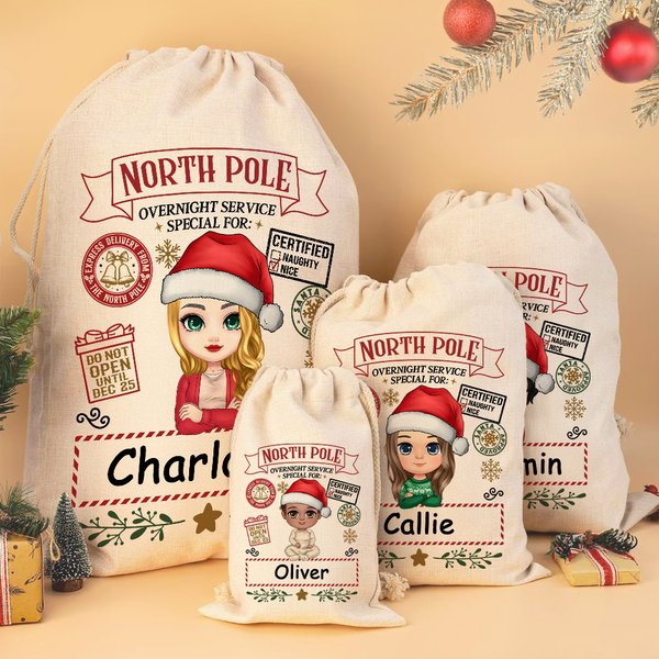 Gepersonaliseerde North Pole Special Overnight Service Cartoon Drawstring Santa Sack Kerst Gift Bag met naam Holiday Party Favors voor kinderen familie