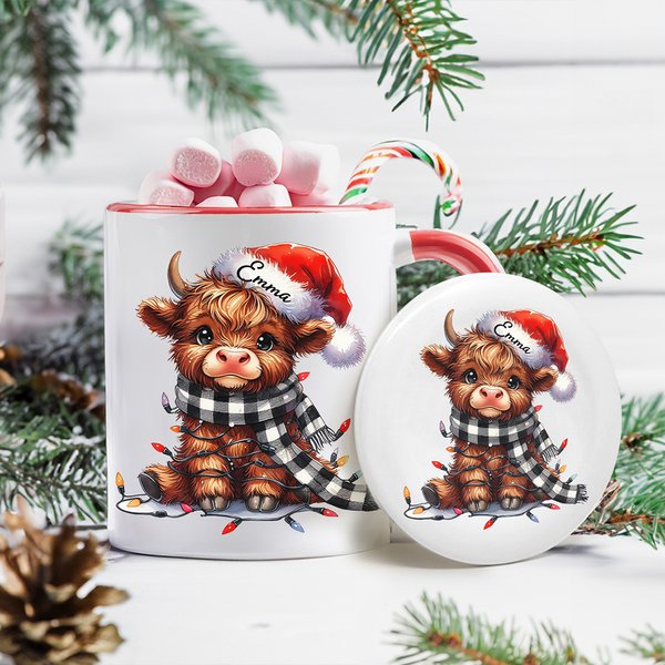 Vaca de las Highlands personalizada Sombrero de Navidad 11oz Taza de cerámica Posavasos con nombre Regalo de Navidad para los amantes de las vacas de 