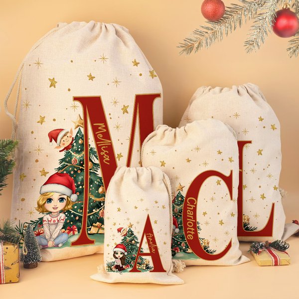 Sac de Noël personnalisé en toile avec initiales et nom Cadeau de Noël pour la famille et les enfants