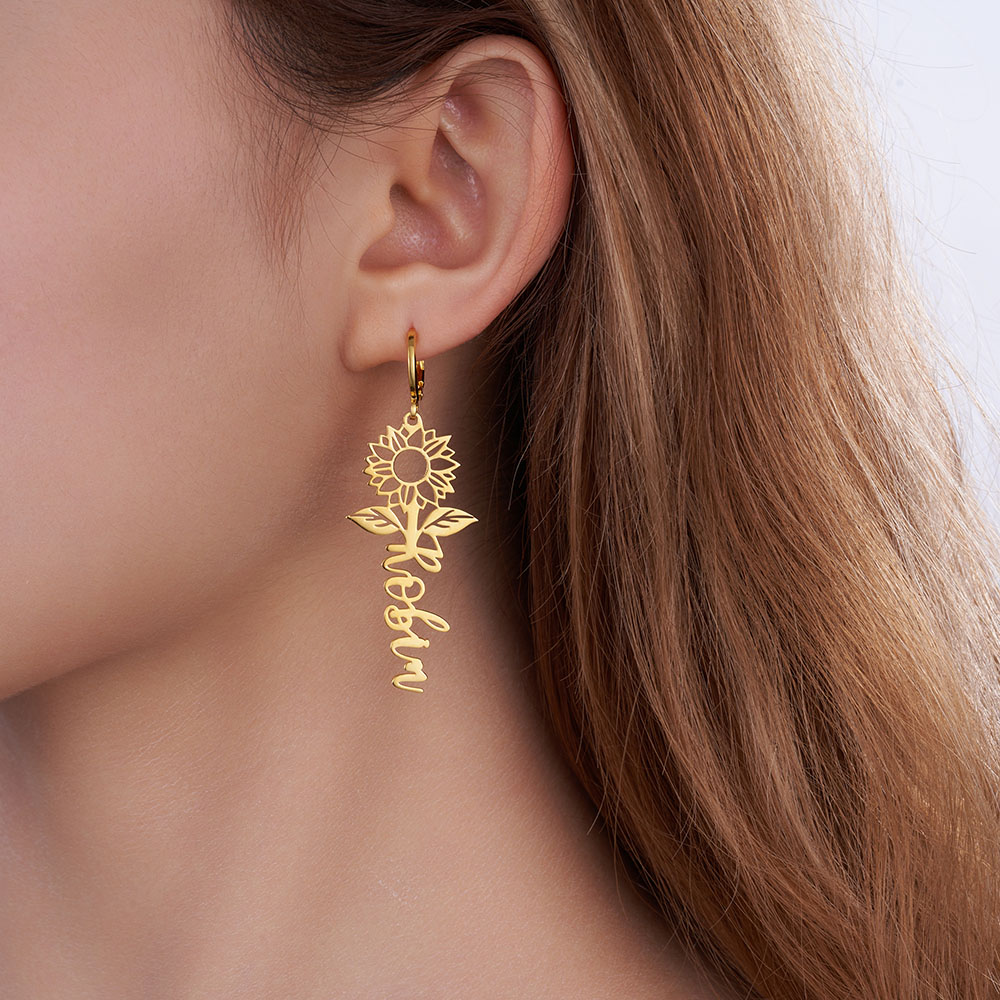 Boucles d'Oreilles Personnaliées avec Nom Style de Tournesol Bijoux Minimalistes Cadeau Anniversaire pour Femmes Filles