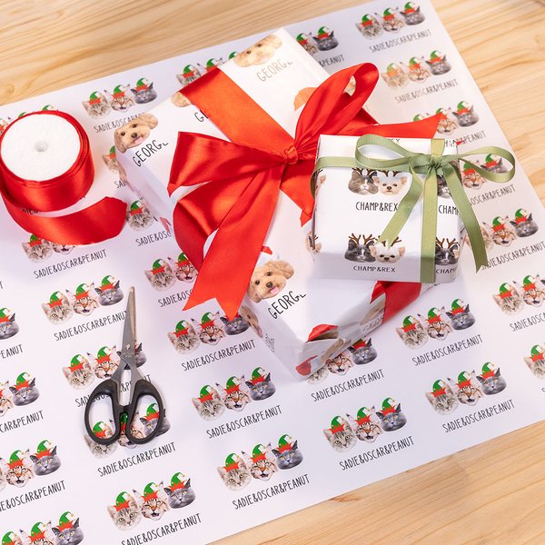 Personalised Elf Reindeer Santa Hat Cat Dog Face Photo Christmas Gift Wrapping Paper with Name Holiday Party Decor Favors for Pet Owners