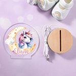 Veilleuse LED Personnalisée avec Nom à Motif de Bébé Licorne Décoration de Chambre avec Socle en Bois Cadeau Noël Anniversaire Baby Shower pour Fille