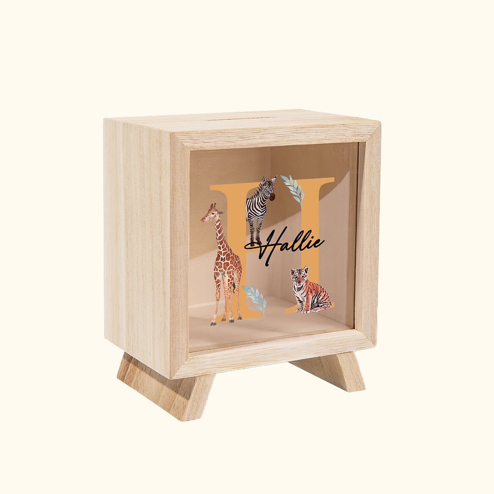 Tirelire en Bois Carrée Personnalisée avec Nom et Initiale sur Fenêtre Transparente Style Girafe Zèbre Tigre Cadeau Anniversaire pour Enfant