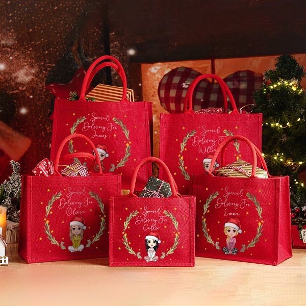 Personalizzato Personaggio dei cartoni animati Ghirlanda Consegna speciale Borsa di iuta rossa con nome Bomboniera di Natale Regalo per gli amici dell