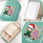 Personalized Cartoon Faux Glitter Christmas Tree Leather Jewellery Box with LED Three-colour Adjustable Makeup Mirror Birthday Gift for Family