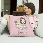 Personalized Birth Flower Wreath Cartoon Character Throw Pillow Cover with Name Home decor Birthday Family Gift for Mom Grandma