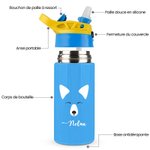 Bouteille Isotherme 350ml Personnalisée avec Texte à Design d'Animal Gourde avec Anse et Paille Cadeau Anniversaire Noël pour Enfant