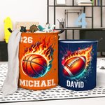 Personalized Flame Ball Design Waterproof Storage Basket with Handle Number Name Birthday Housewarming Gift for Family Ball Sports Lover
