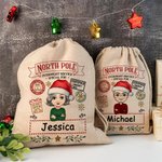 Gepersonaliseerde North Pole Special Overnight Service Cartoon Drawstring Santa Sack Kerst Gift Bag met naam Holiday Party Favors voor kinderen familie