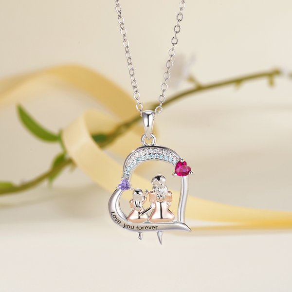 Personalizado en dos tonos Madre Hija Zircon Heart Necklace con nombres grabados y Birthstones Mother's Day Birthday Gift for Women Girls