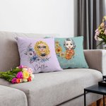 Personalized Birth Flower Wreath Cartoon Character Throw Pillow Cover with Name Home decor Birthday Family Gift for Mom Grandma