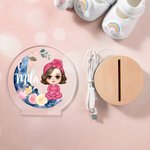 Personalised Cartoon Character Moon Flower LED Night Light with Wooden Base with Name Christmas Birthday Gift for Girls Boys