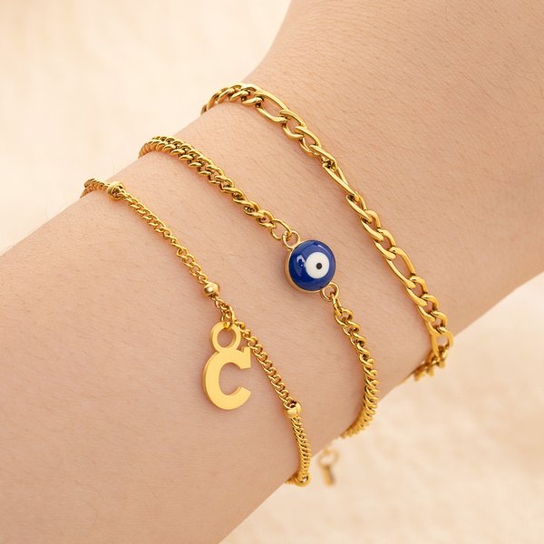 Personalised Charm Dainty Evil Eye Bracelet Set of 3 with Letter Lucky Jewellery Birthday Gift for Women