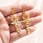 Personalised Dainty Hollow Sunflower Dangle Earrings with Name Minimalist Jewellery Birthday Anniversary Gift for Women Girls