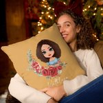 Personalized Birth Flower Wreath Cartoon Character Throw Pillow Cover with Name Home decor Birthday Family Gift for Mom Grandma