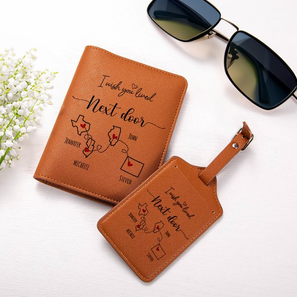 Personalised Heart Maps Leather Passport Holder Luggage Tag Set with Name Travel Accessories Long Distance Gift for Family Friends